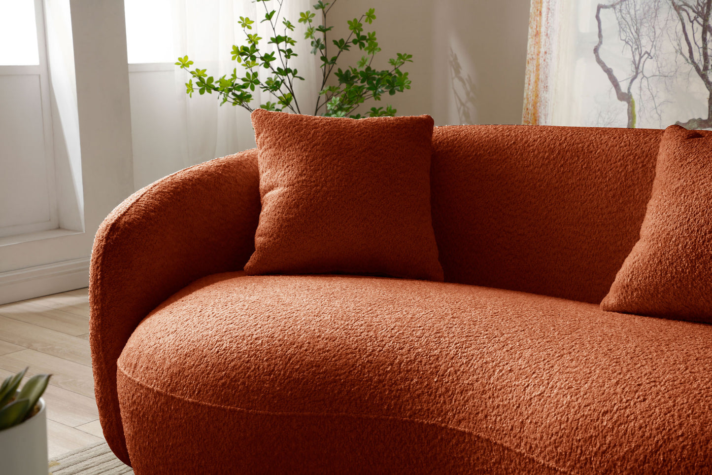 Mid Century Modern Curved Sofa, Boucle Fabric - Orange