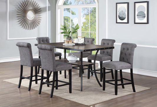 Dining Room Furniture Natural Rectangle Top Dining Table 6x High Chairs Charcoal Fabric Tufted Roll Back Top Chair Nail heads Trim and Storage Shelve 7pc Counter Height Dining Set