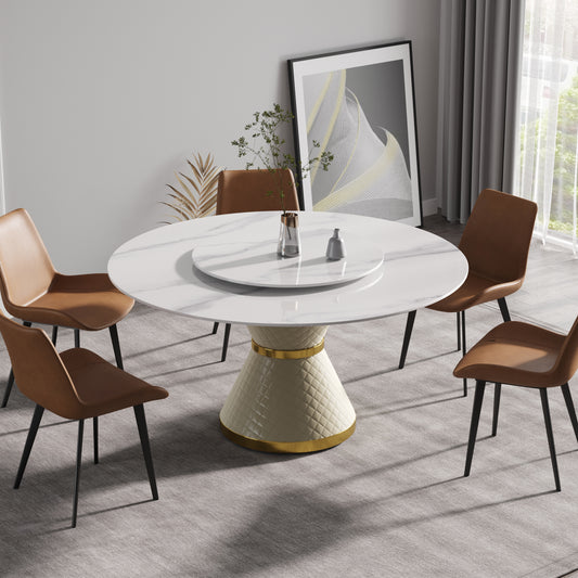 ElegantStone Circular Dining Table with Carbon Steel Base - Seats 6 - 31.5" White Rotating Turntable