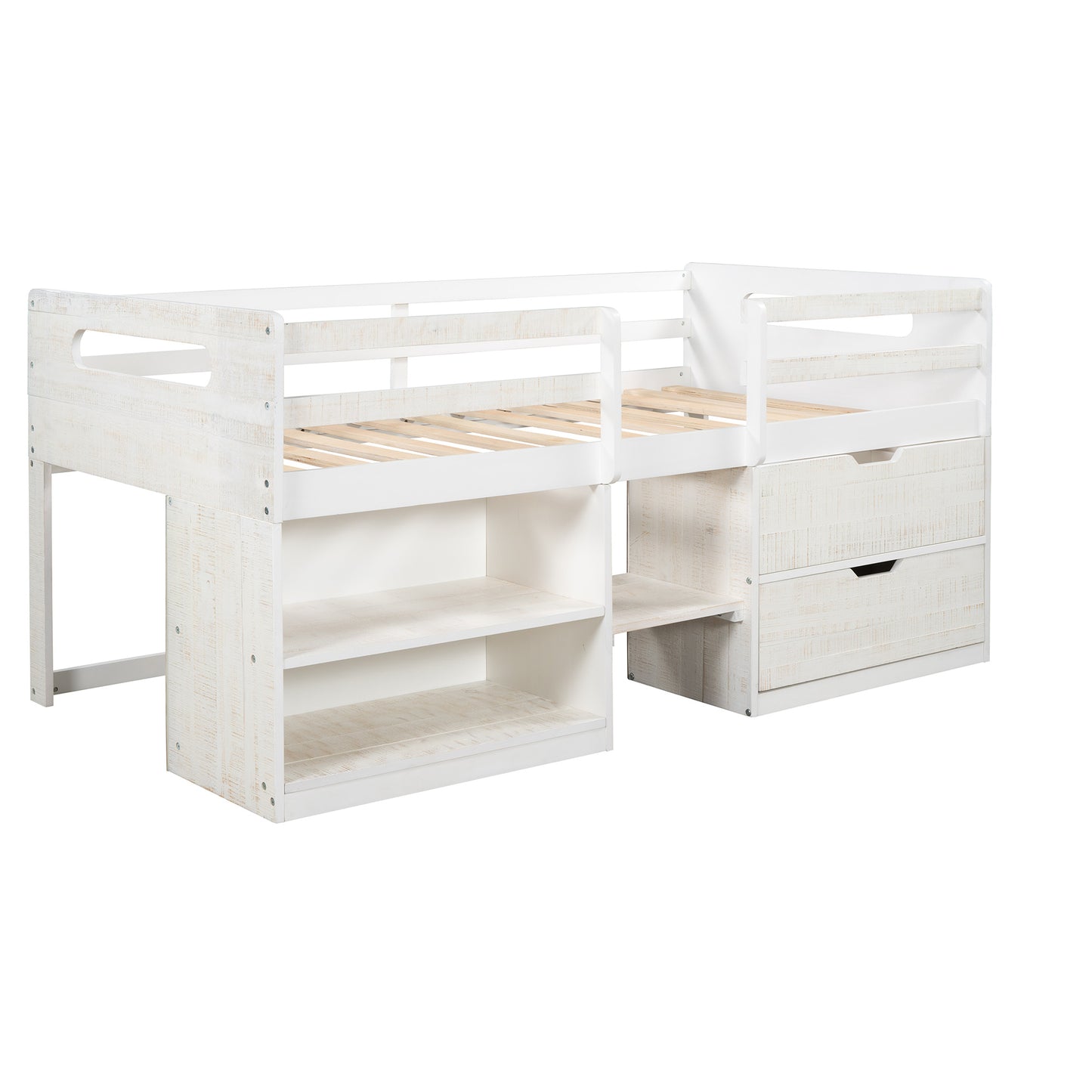 Twin size Loft Bed with Two Shelves and Two drawers