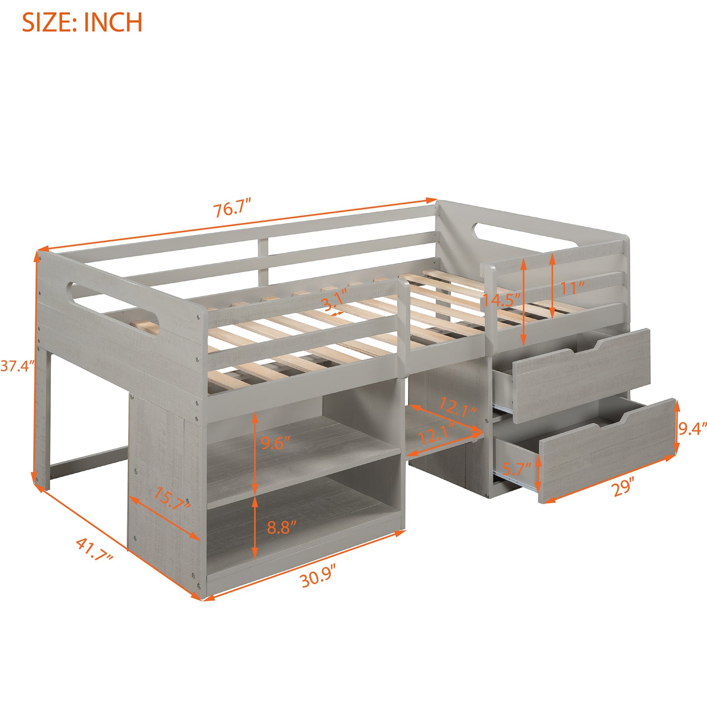 Twin size Loft Bed with Two Shelves and Two drawers