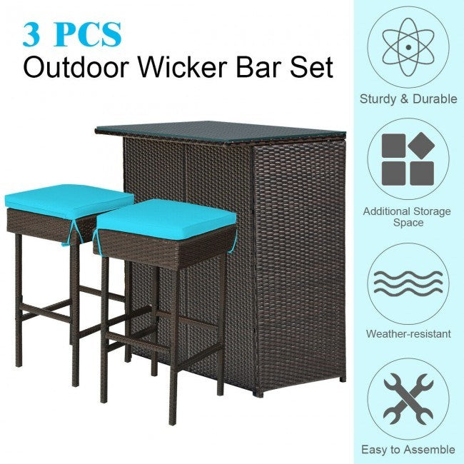 3 Pieces Outdoor Patio Rattan Wicker Bar Set