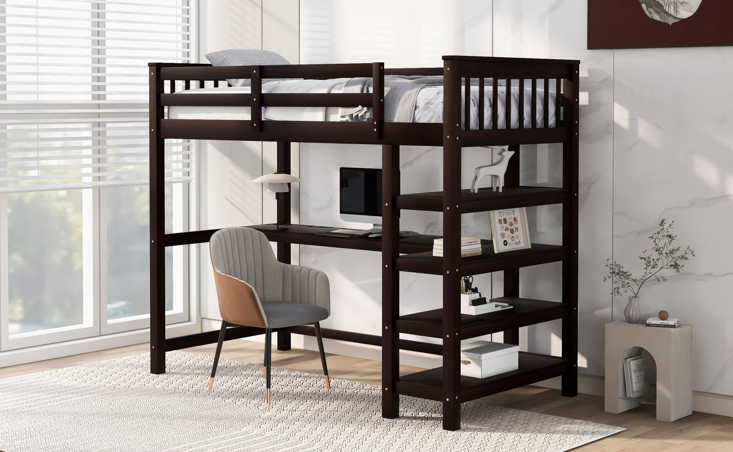 Twin Size Loft Bed with Storage Shelves and Under-bed Desk