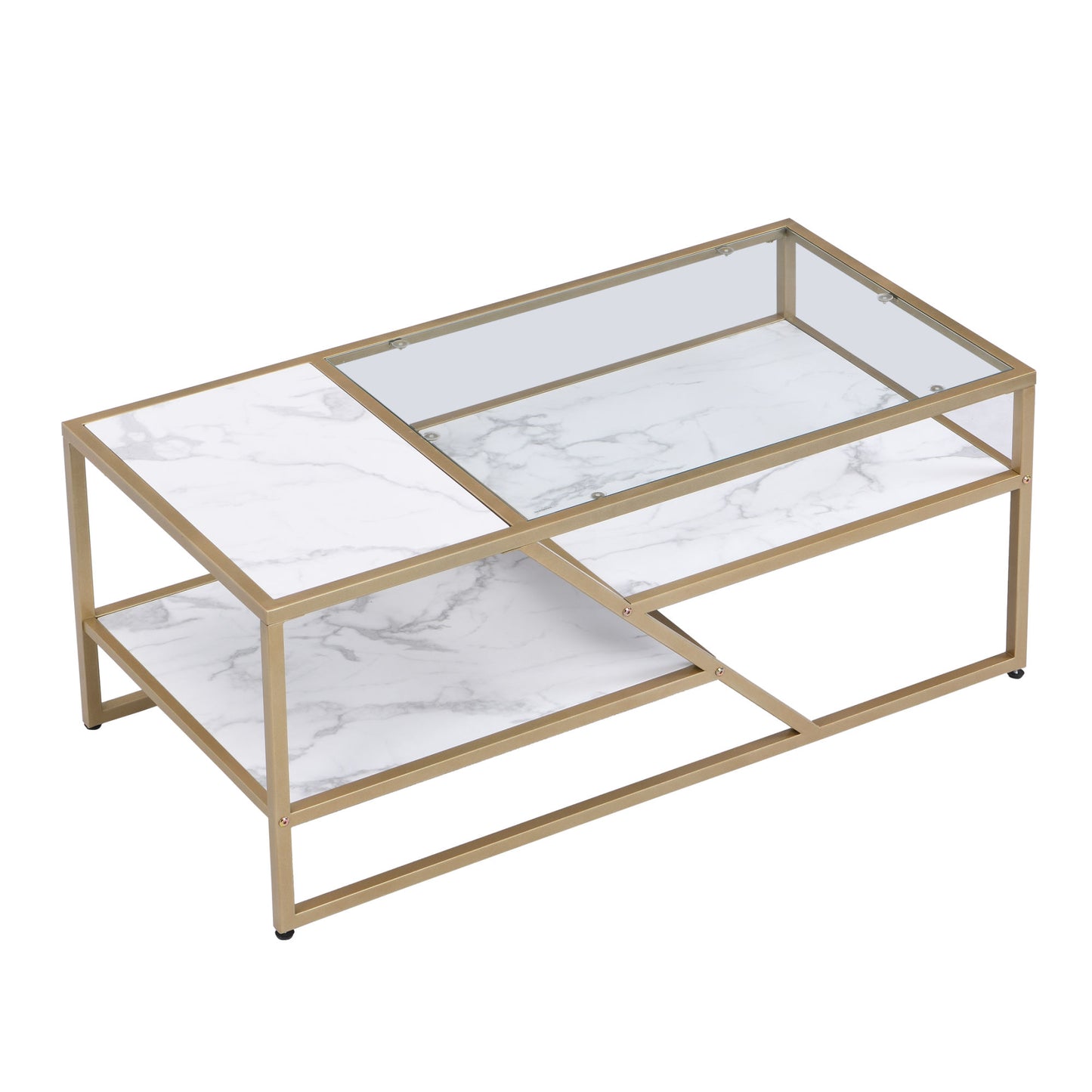 Golden Coffee Table with Storage Shelf; Tempered Glass Coffee Table with Metal Frame