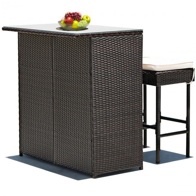 3 Pieces Outdoor Patio Rattan Wicker Bar Set