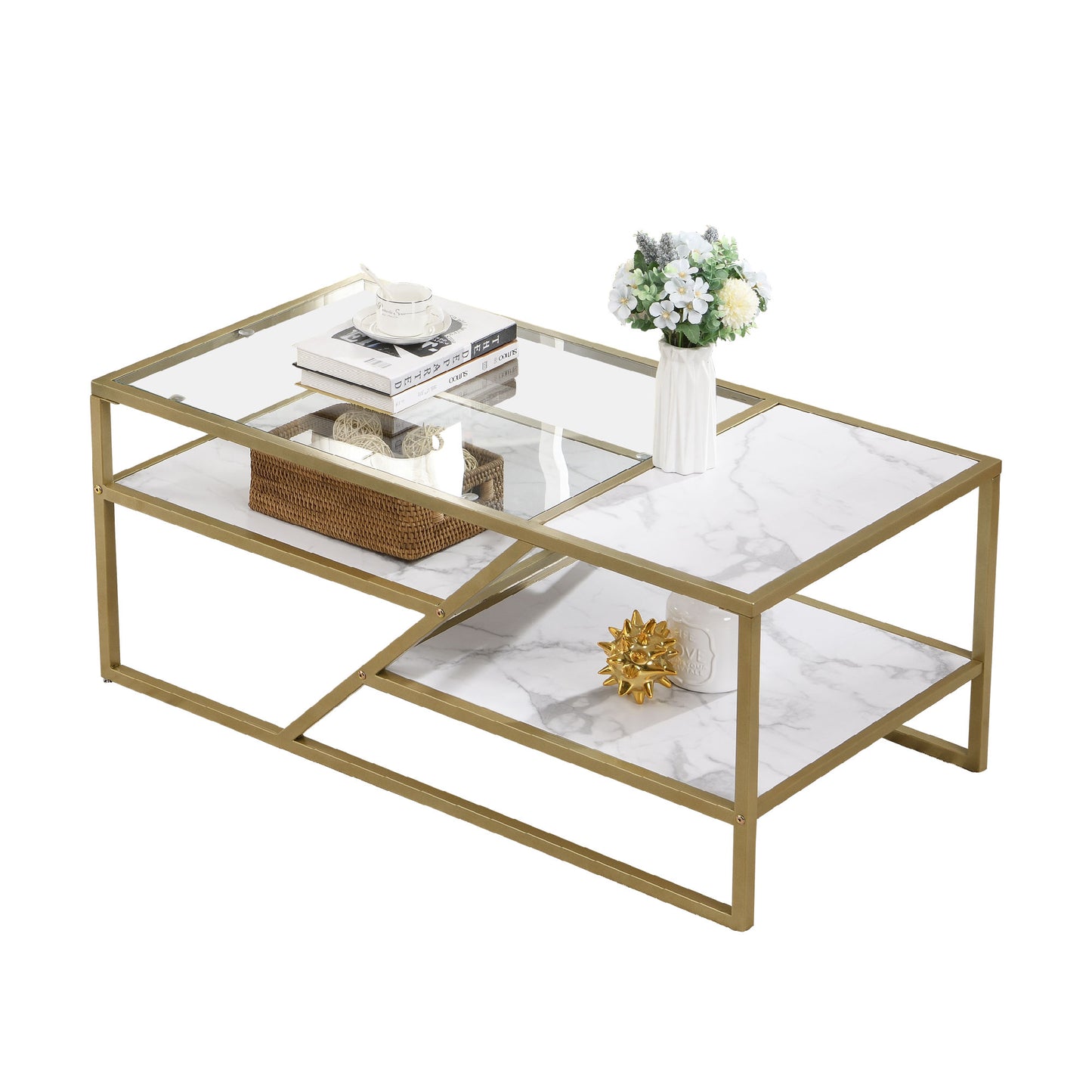 Golden Coffee Table with Storage Shelf; Tempered Glass Coffee Table with Metal Frame