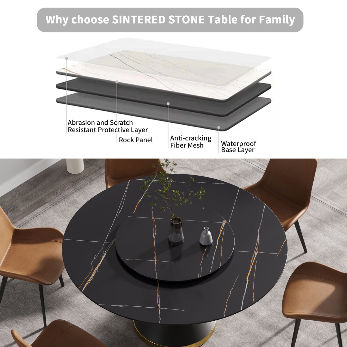 59.05"Modern artificial stone round black carbon steel base dining table-can accommodate 6 people-31.5"black artificial stone turntable