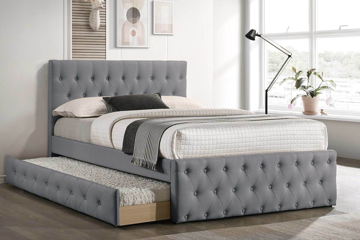 Contemporary Full Size Bed w/ Trundle Slats Light Grey Burlap Upholstered Button Tufted Headboard Footboard Youth Bedroom Furniture wooden Slats 1pc Bed