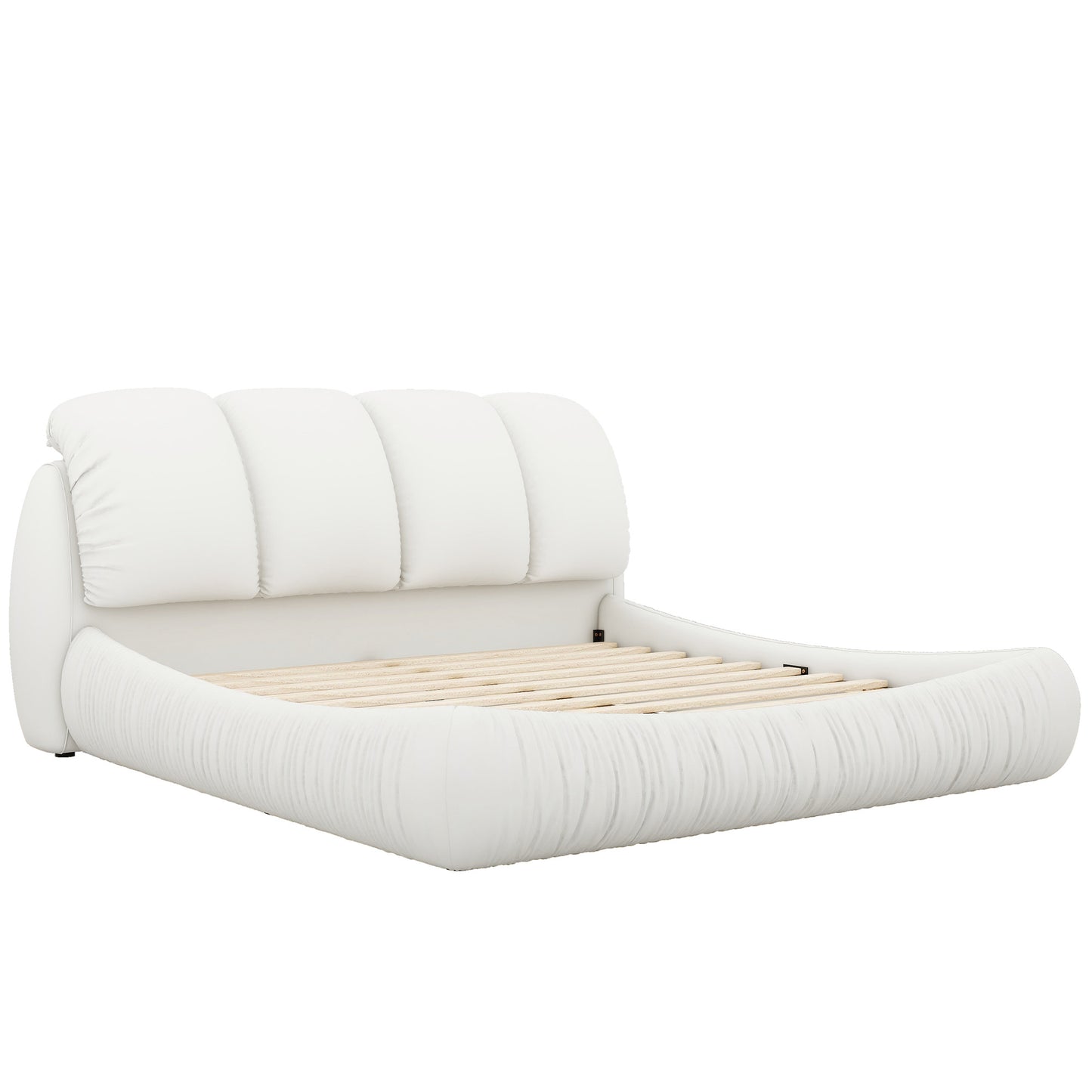 King Size Luxury Upholstered Bed - Leather King Bed with Oversized Padded Backrest, White