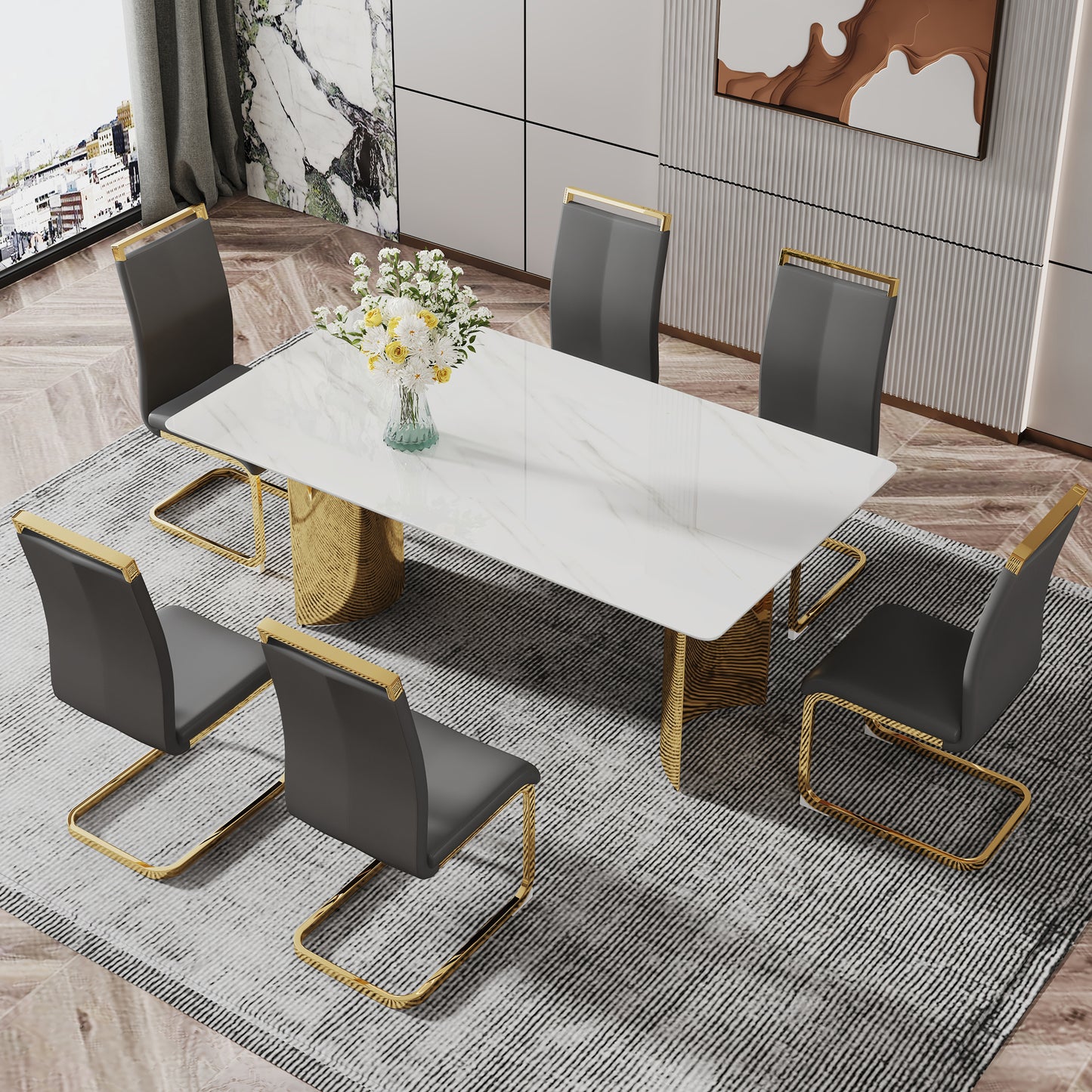 Modern minimalist dining table. The white imitation marble glass desktop is equipped with golden metal legs. Suitable for restaurants and living rooms 71 "* 39.3" * 29.5 "DT-69