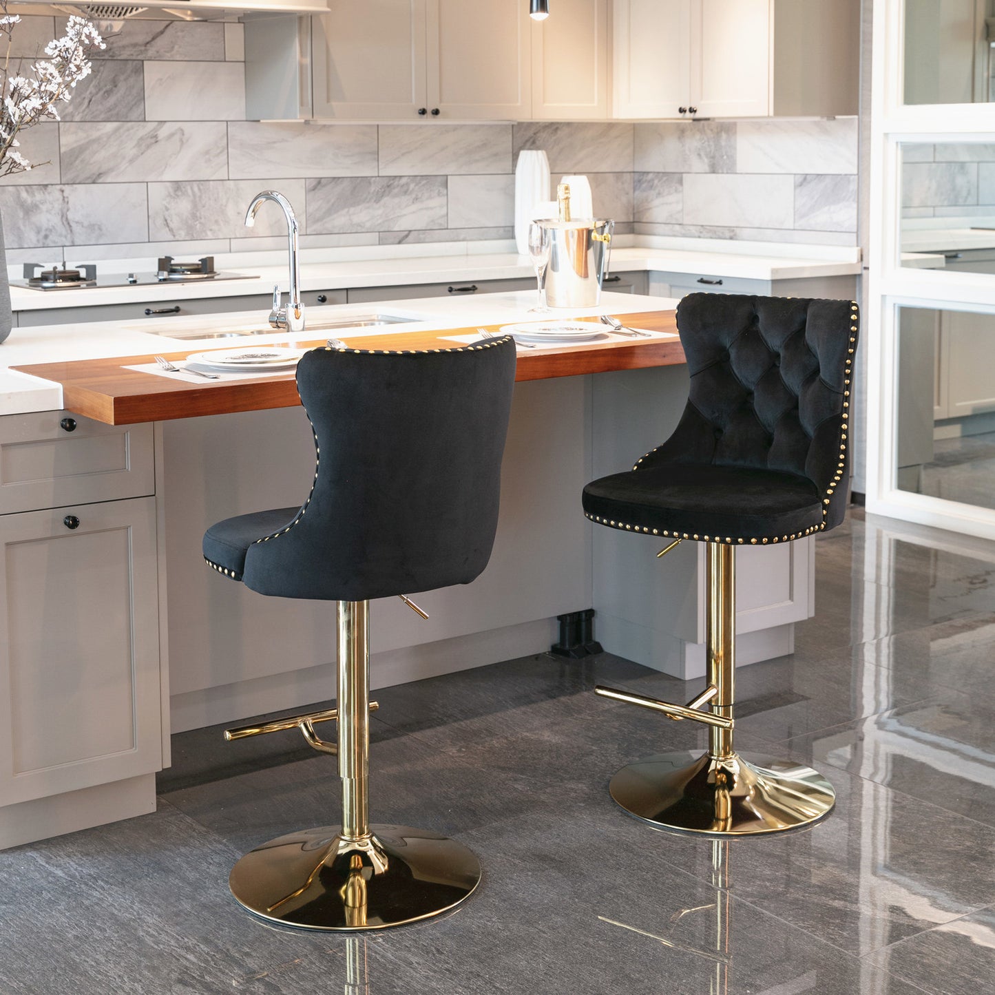 Modern Velvet Gold Studded Barstools