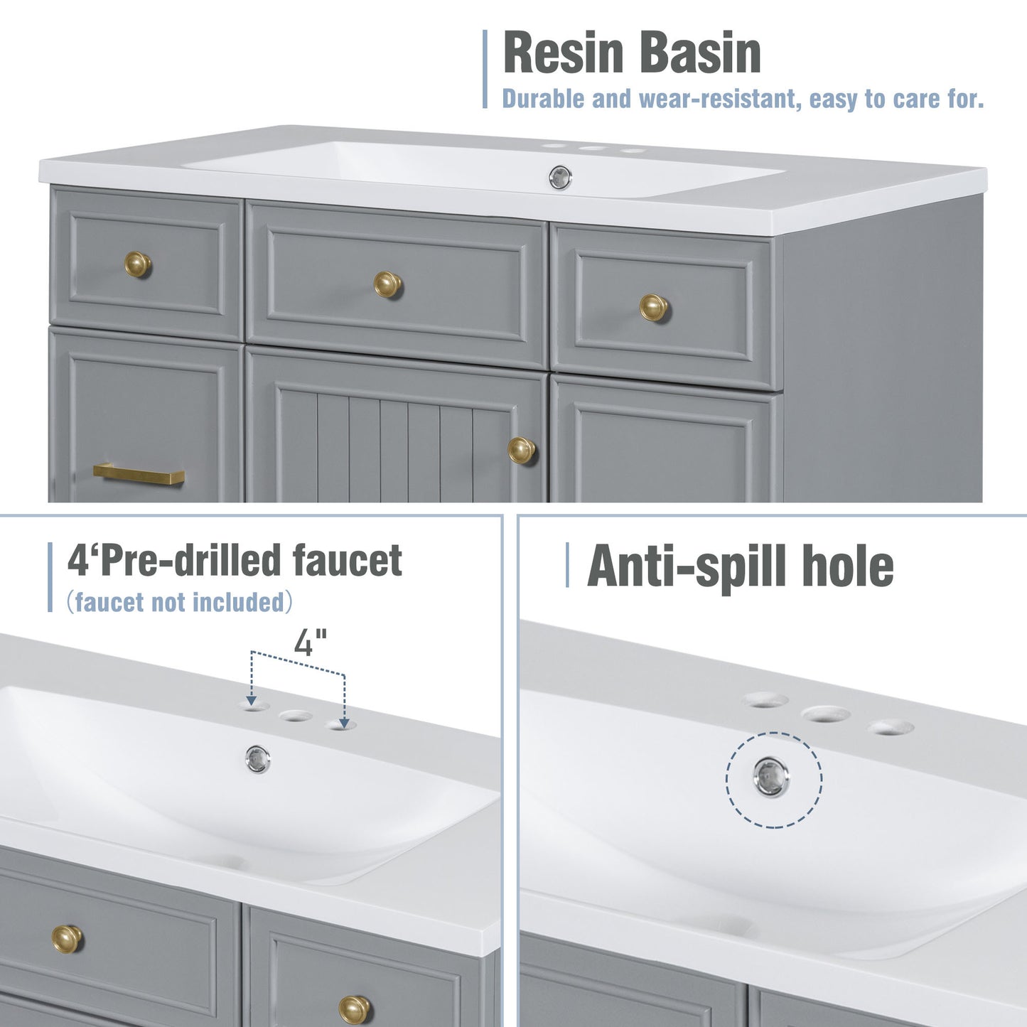 36" Bathroom Vanity Cabinet with Sink Top Combo Set, Grey, Single Sink.