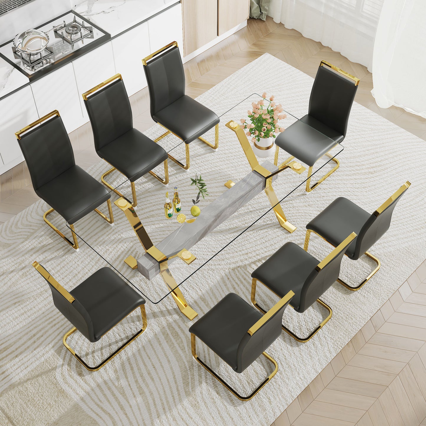 LuxGlass Rectangular Dining Set - Includes 1 Table and 6 Chairs. Modern Simplicity with Tempered Glass Tabletop and 6 Black PU Gold-Plated Leg Chairs. Dimensions: 79''x39''x30''